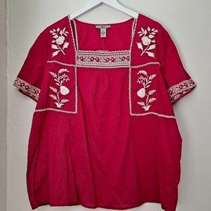 Bass & Co red and cream embroidered woven short sleeve top
